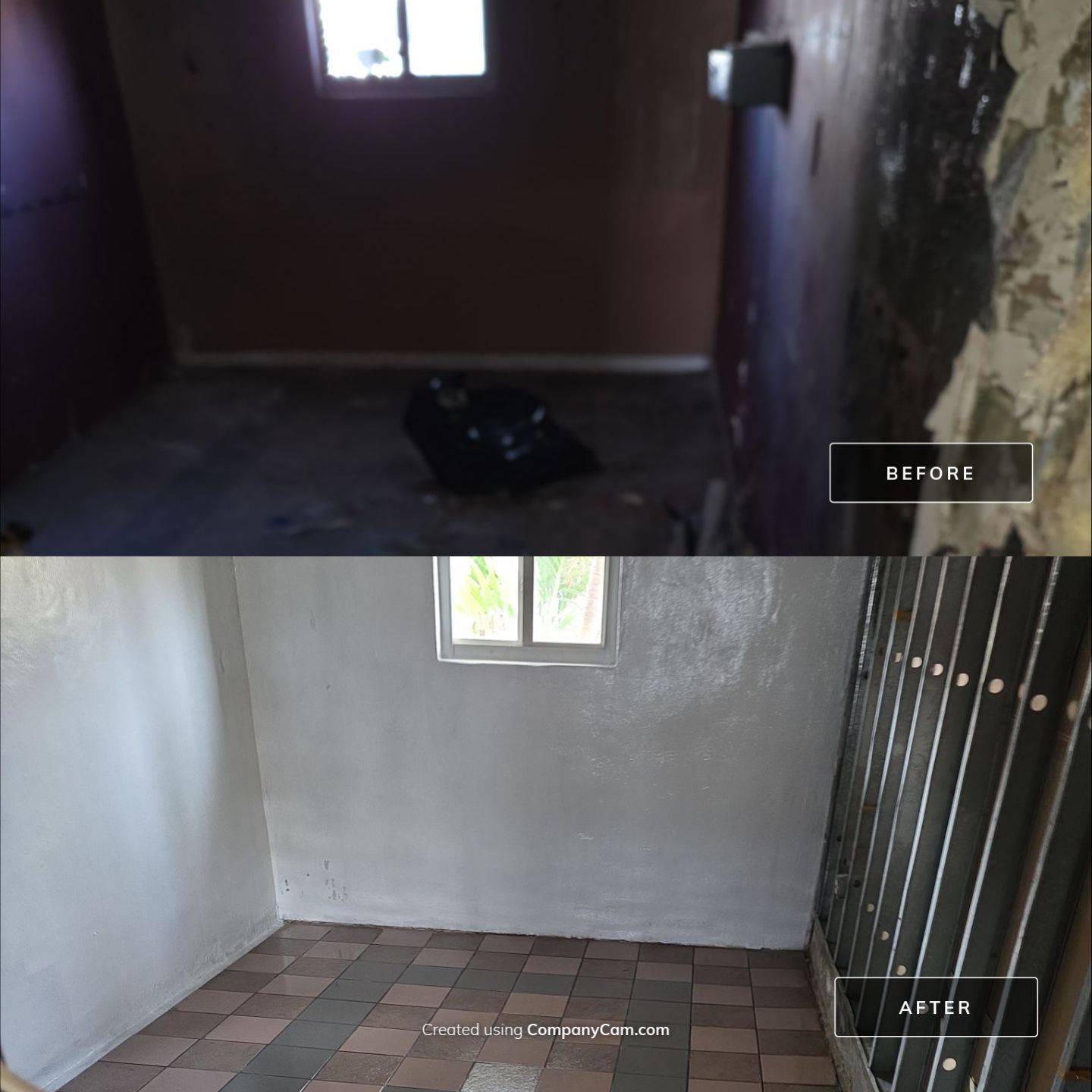 Before and after fire damage restoration — charred room restored to clean white walls